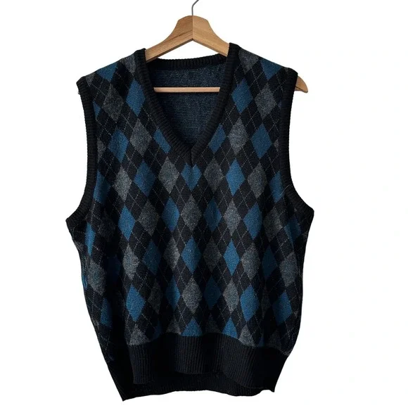 Mens Argyle V Neck Sweater Vest Blue Black Gray Sleeveless Knit Top Size M - Picture 1 of 4